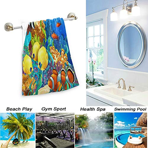 Naanle 2 Pcs Beautiful Underwater Ocean Coral Reef Fishes Soft Fluffy Guest Decor Hand Towels, Multipurpose for Bathroom, Hotel, Gym and Spa (14" x 28")