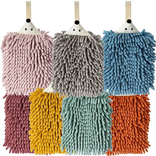 GTONEE 7pcs Soft Chenille Hanging Hand Towels ,Quick Dry Hand Bath Towel, Cute Hedgehog Hand Towel, Bathroom Hand Towels with Hanging Loop, Absorbent Kitchen Hand Towels, Dustproof No Dandruff