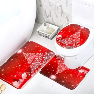 WREWING Anti Slip Bath Mats for Bathroom, Red Christmas Tree Bath Mat Set of 3 Bathroom Rugs/Contour Mat/Toilet Cover, Flannel PVC Bathroom Rugs Set for Christmas Bathroom Decor