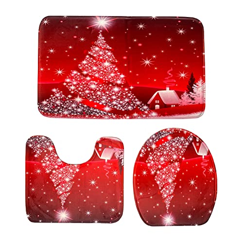 WREWING Anti Slip Bath Mats for Bathroom, Red Christmas Tree Bath Mat Set of 3 Bathroom Rugs/Contour Mat/Toilet Cover, Flannel PVC Bathroom Rugs Set for Christmas Bathroom Decor