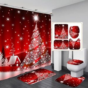 WREWING Anti Slip Bath Mats for Bathroom, Red Christmas Tree Bath Mat Set of 3 Bathroom Rugs/Contour Mat/Toilet Cover, Flannel PVC Bathroom Rugs Set for Christmas Bathroom Decor