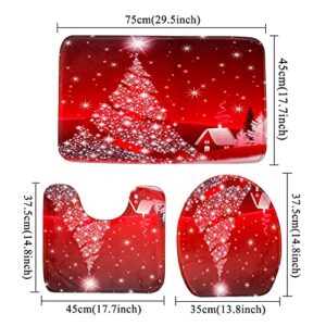 WREWING Anti Slip Bath Mats for Bathroom, Red Christmas Tree Bath Mat Set of 3 Bathroom Rugs/Contour Mat/Toilet Cover, Flannel PVC Bathroom Rugs Set for Christmas Bathroom Decor