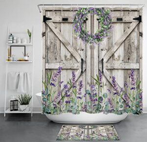 lb western barn door shower curtain sets with rugs purple lavender and green eucalyptus wreath fabric shower curtain with hooks rustic wood board bathroom curtains shower set, 72x72 inches