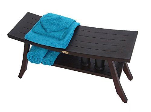 DecoTeak Satori Teak Shower Bench 34″ Long Eastern Style Wood Shower Bench with Curved Seat and Shelf Wooden Seat Shower Stool in Woodland Brown Finish