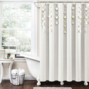 lush decor boho pom pom tassel linen shower curtain, 72" x 72", off white