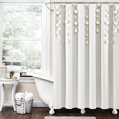 Lush Decor Boho Pom Pom Tassel Linen Shower Curtain, 72" x 72", Off White