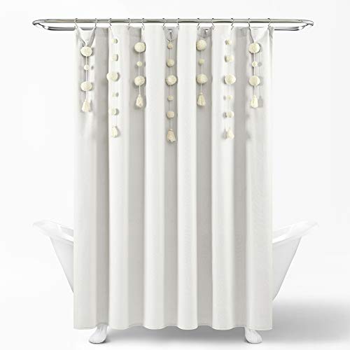Lush Decor Boho Pom Pom Tassel Linen Shower Curtain, 72" x 72", Off White