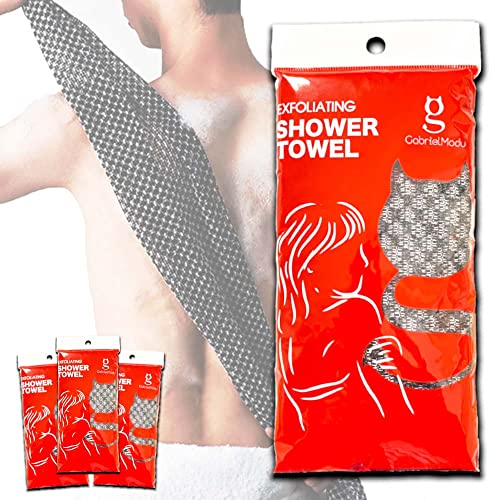 Exfoliating Shower Towel - Body Back Scrubber Washcloth - All Skin Types (3pcs, Black)