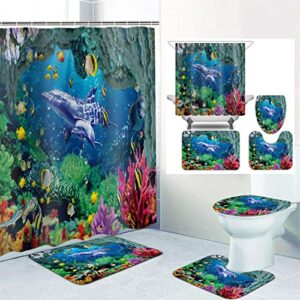 4PCS Bathroom Sets with Shower Curtain and Rugs and Accessories, Blue Dream Sea World Colorful Underwater Dolphin Cute Ocean Animal Seabed Bathroom Decor Shower Curtain Sets with Rugs (Dolphin 12)