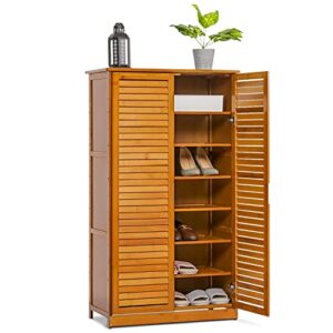 monibloom tall shoe storage cabinet with double shutter doors, bamboo shelf stand organizer rack for 21-25 pairs entryway hallway bedroom, brown