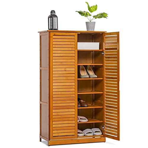 MoNiBloom Tall Shoe Storage Cabinet with Double Shutter Doors, Bamboo Shelf Stand Organizer Rack for 21-25 Pairs Entryway Hallway Bedroom, Brown