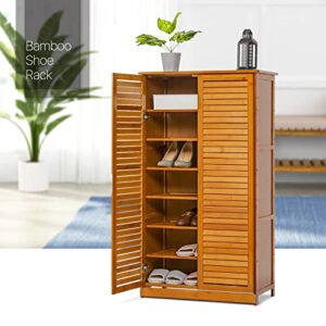 MoNiBloom Tall Shoe Storage Cabinet with Double Shutter Doors, Bamboo Shelf Stand Organizer Rack for 21-25 Pairs Entryway Hallway Bedroom, Brown