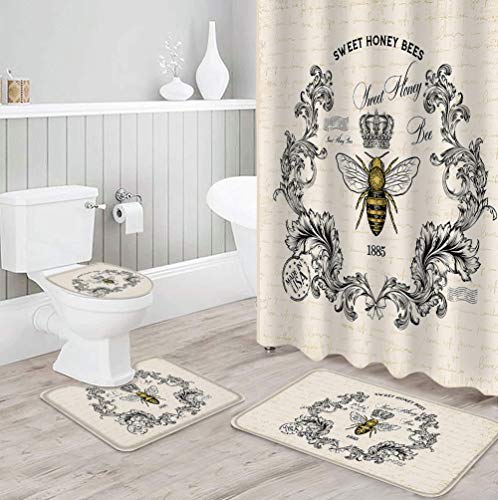 4 Piece Shower Curtain Sets with Bath Rugs Spring Farm Bee Floral Wreath Retro Newspaper,Non-Slip Floor Mat,Toilet Lid Covers,U-Shape Contoured Pad Bumblebee Crown Bathroom Set for Home Decor