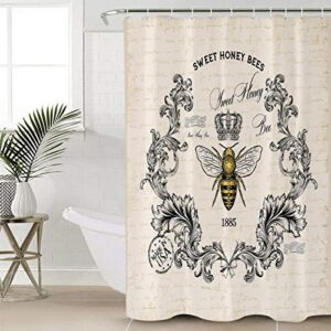 4 Piece Shower Curtain Sets with Bath Rugs Spring Farm Bee Floral Wreath Retro Newspaper,Non-Slip Floor Mat,Toilet Lid Covers,U-Shape Contoured Pad Bumblebee Crown Bathroom Set for Home Decor