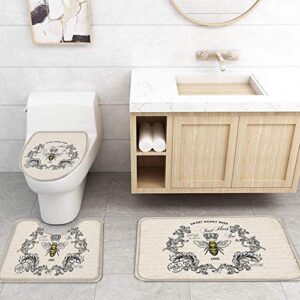 4 Piece Shower Curtain Sets with Bath Rugs Spring Farm Bee Floral Wreath Retro Newspaper,Non-Slip Floor Mat,Toilet Lid Covers,U-Shape Contoured Pad Bumblebee Crown Bathroom Set for Home Decor