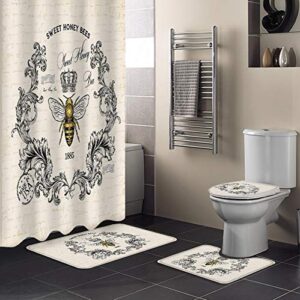 4 Piece Shower Curtain Sets with Bath Rugs Spring Farm Bee Floral Wreath Retro Newspaper,Non-Slip Floor Mat,Toilet Lid Covers,U-Shape Contoured Pad Bumblebee Crown Bathroom Set for Home Decor