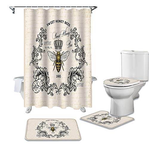 4 Piece Shower Curtain Sets with Bath Rugs Spring Farm Bee Floral Wreath Retro Newspaper,Non-Slip Floor Mat,Toilet Lid Covers,U-Shape Contoured Pad Bumblebee Crown Bathroom Set for Home Decor