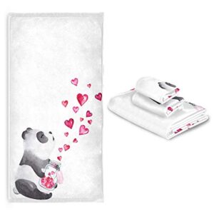 vdsrup cute panda bathroom towels set of 3 love hearts bath hand towel soft valentines day washcloth beach face guest towel kitchen tea dish towels housewarming gifts