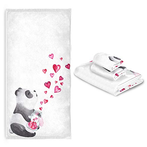 Vdsrup Cute Panda Bathroom Towels Set of 3 Love Hearts Bath Hand Towel Soft Valentines Day Washcloth Beach Face Guest Towel Kitchen Tea Dish Towels Housewarming Gifts