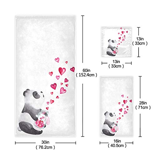 Vdsrup Cute Panda Bathroom Towels Set of 3 Love Hearts Bath Hand Towel Soft Valentines Day Washcloth Beach Face Guest Towel Kitchen Tea Dish Towels Housewarming Gifts