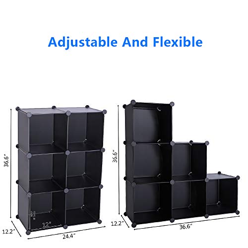 Cube Storage Organizer, Storage Cubes Shelves Bookshelf, 6 Cube Closet Organizers and Storage, DIY Stackable Plastic Clothes Organizer Shelving for Bedroom, Home Office, Black (Black)