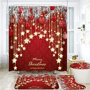 bblyanu 4 pcs merry christmas shower curtain sets with rugs,santa claus shower curtains for bathroom with 12 hooks,non-slip rugs,toilet lid cover and bath mat for bathroom christmas decoration (02)