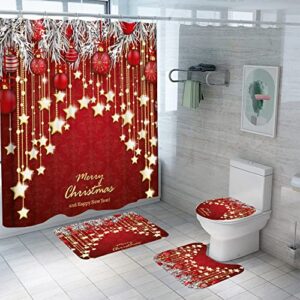 BBLYANU 4 Pcs Merry Christmas Shower Curtain Sets with Rugs,Santa Claus Shower Curtains for Bathroom with 12 Hooks,Non-Slip Rugs,Toilet Lid Cover and Bath Mat for Bathroom Christmas Decoration (02)