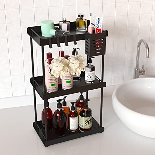 Bathroom Organizer Countertop- 3 Tier Iron Bathroom Organizer with Hair Dryer Holder, Detachable Cups and Hooks- Bathroom Sink Organizer Countertop Storage for Bathroom, Kitchen, Bedroom, Living Room(Black)