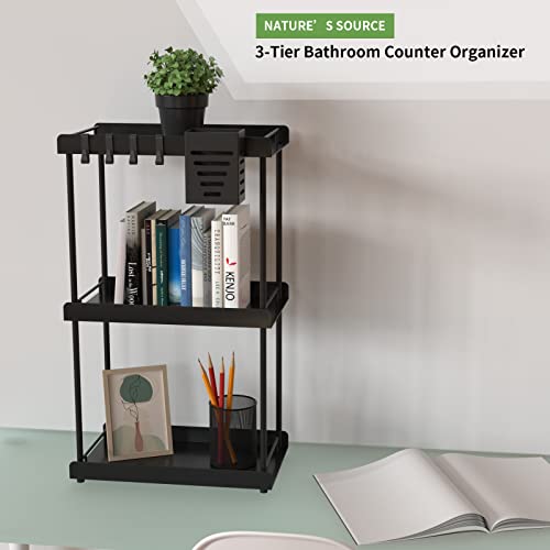 Bathroom Organizer Countertop- 3 Tier Iron Bathroom Organizer with Hair Dryer Holder, Detachable Cups and Hooks- Bathroom Sink Organizer Countertop Storage for Bathroom, Kitchen, Bedroom, Living Room(Black)