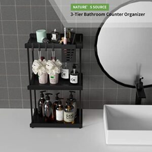 Bathroom Organizer Countertop- 3 Tier Iron Bathroom Organizer with Hair Dryer Holder, Detachable Cups and Hooks- Bathroom Sink Organizer Countertop Storage for Bathroom, Kitchen, Bedroom, Living Room(Black)