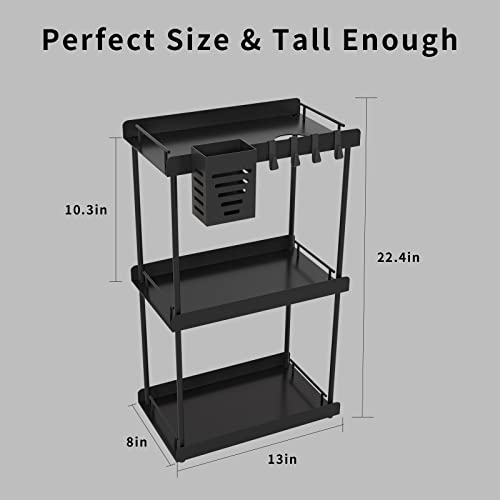 Bathroom Organizer Countertop- 3 Tier Iron Bathroom Organizer with Hair Dryer Holder, Detachable Cups and Hooks- Bathroom Sink Organizer Countertop Storage for Bathroom, Kitchen, Bedroom, Living Room(Black)