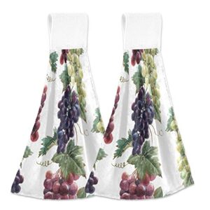 red white black grapes with green leaves on white 2 pcs hanging kitchen hand towels, hanging tie towels with hook & loop dishcloths sets, decorative absorbent tea bar bath hand towel