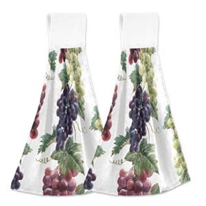 Red White Black Grapes with Green Leaves On White 2 Pcs Hanging Kitchen Hand Towels, Hanging Tie Towels with Hook & Loop Dishcloths Sets, Decorative Absorbent Tea Bar Bath Hand Towel