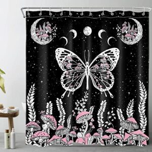 lb mushroom and butterfly shower curtain for bathroom,boho starry sky with moon phase and country plant fabric shower curtain with hooks,black and white bathroom curtains shower set, 72x72 inches