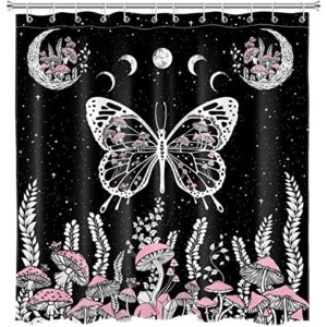 LB Mushroom and Butterfly Shower Curtain for Bathroom,Boho Starry Sky with Moon Phase and Country Plant Fabric Shower Curtain with Hooks,Black and White Bathroom Curtains Shower Set, 72x72 inches