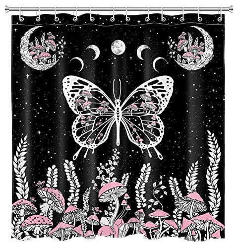 LB Mushroom and Butterfly Shower Curtain for Bathroom,Boho Starry Sky with Moon Phase and Country Plant Fabric Shower Curtain with Hooks,Black and White Bathroom Curtains Shower Set, 72x72 inches