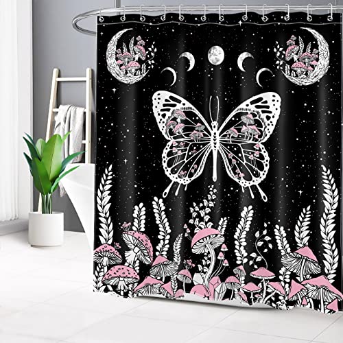 LB Mushroom and Butterfly Shower Curtain for Bathroom,Boho Starry Sky with Moon Phase and Country Plant Fabric Shower Curtain with Hooks,Black and White Bathroom Curtains Shower Set, 72x72 inches