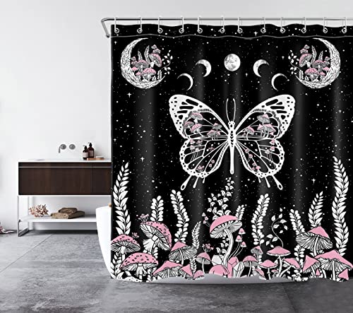 LB Mushroom and Butterfly Shower Curtain for Bathroom,Boho Starry Sky with Moon Phase and Country Plant Fabric Shower Curtain with Hooks,Black and White Bathroom Curtains Shower Set, 72x72 inches