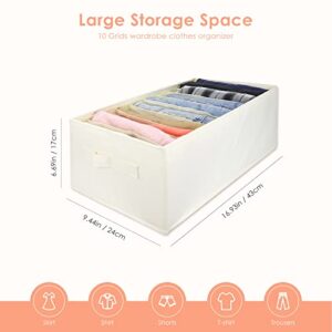 LEEFONE Large 10 Grids Wardrobe Clothes Organizer Jeans Organizer Closet Drawer Clothes Organizer Storage Box for Pants, Shirt, Coat, Sweaters, Sturdy PP Board Support Foldable Washable (1 PC, White)