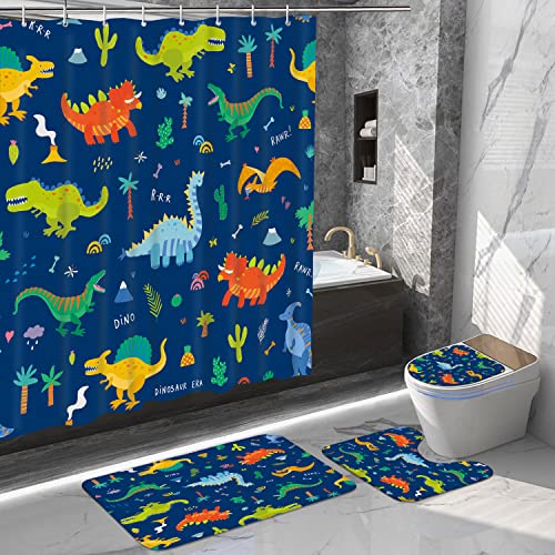 Jicosrel 4 Pcs Kids Shower Curtain Set with Rugs,Funny Blue Cartoon Dinosaur Shower Curtains,Bathroom Decor Set with 12 Hooks,Cartoon Space Elements