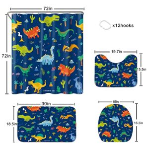 Jicosrel 4 Pcs Kids Shower Curtain Set with Rugs,Funny Blue Cartoon Dinosaur Shower Curtains,Bathroom Decor Set with 12 Hooks,Cartoon Space Elements