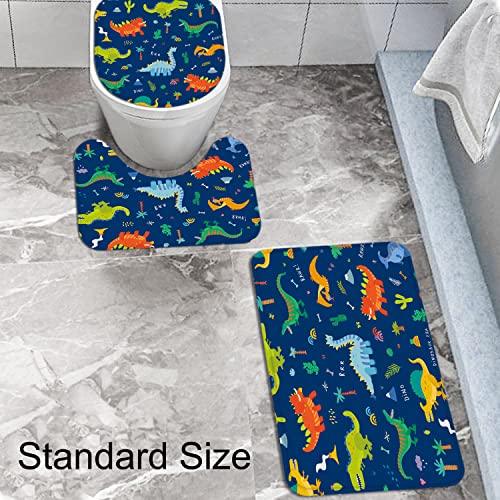 Jicosrel 4 Pcs Kids Shower Curtain Set with Rugs,Funny Blue Cartoon Dinosaur Shower Curtains,Bathroom Decor Set with 12 Hooks,Cartoon Space Elements