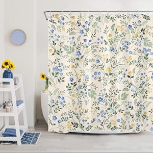 LB Country Wildflower Shower Curtain Decor,Blue and Yellow Floral Green Leaf Plant on Beige Shower Curtain for Bathroom 72X72 inch Polyester Fabric Bathroom Decoration Bath Curtains Hooks Included