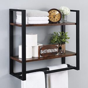 kes bathroom shelf with bar wall mounted, 2-tier industrial wooded rustic wall shelf over toilet rack with double adjustable bar floating shelves 23.6-inch metal black, btr500s60-bk