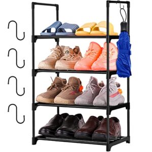 nihome 4-tier shoe rack, shoe racks storage organizer closet with hooks, metal cabinet stackable shoe rack tower, space saving organizer shoe shelf durable holds 8 pairs (black)