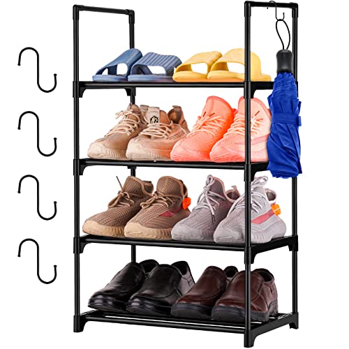 NiHome 4-Tier Shoe Rack, Shoe Racks Storage Organizer Closet with Hooks, Metal Cabinet Stackable Shoe Rack Tower, Space Saving Organizer Shoe Shelf Durable Holds 8 Pairs (Black)