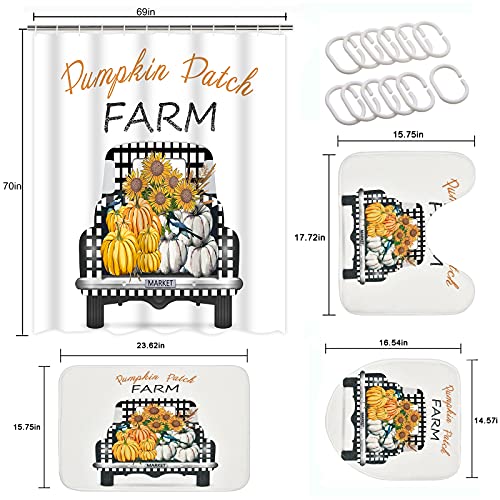 Ikfashoni 4Pcs Fall Shower Curtain Set with Non-Slip Rugs, Toilet Lid Cover and Bath Mat, Thanksgiving Farmhouse Truck Shower Curtain with 12 Hooks, Autumn Pumpkin Shower Curtain for Bathroom