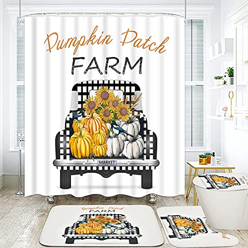 Ikfashoni 4Pcs Fall Shower Curtain Set with Non-Slip Rugs, Toilet Lid Cover and Bath Mat, Thanksgiving Farmhouse Truck Shower Curtain with 12 Hooks, Autumn Pumpkin Shower Curtain for Bathroom