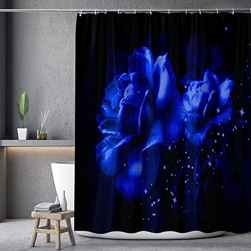 Rose Shower Curtain Sets with Non-Slip Rugs, Toilet Lid Cover and Bath Mat,Flower NauticalShower Curtains with 12 Hook s, Durable Waterproof Bath (Blue Rose)… (Blue Rose), 72'' x 72''