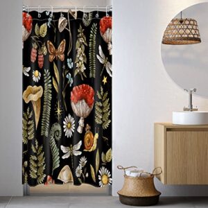 lb vintage red mushroom shower curtain decor,rustic green plant and floral on black background shower curtain for bathroom 48x68 inch polyester fabric bathroom decoration bath curtains hooks included
